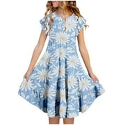 Geire Dresses for Juniors Girls' Summer Easter Print Short Sleeve Ruffled Pockets Round-Neck Printed Dress for Kids Comfort Fit